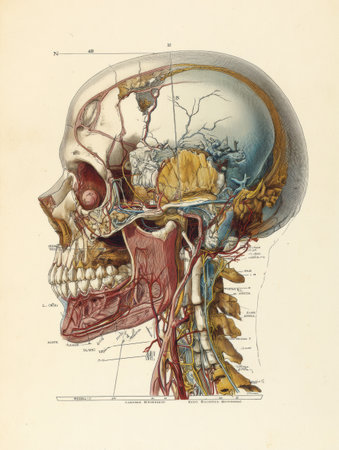 This vintage illustration shows a right-side view of a human head with detailed anatomy, including bones, nerves, and blood vessels.の素材