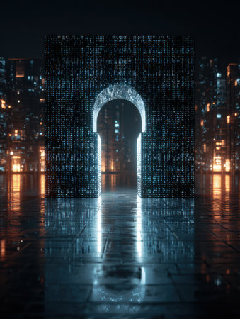 A hacked website homepage showcases deceptive login fields, designed to mislead users in a futuristic digital atmosphere with illuminated elements.の素材