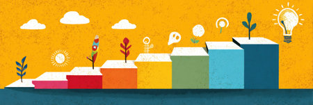 Vibrant steps depicting key learning milestones, symbolizing growth against a bright backdrop with playful clouds and plants.の素材