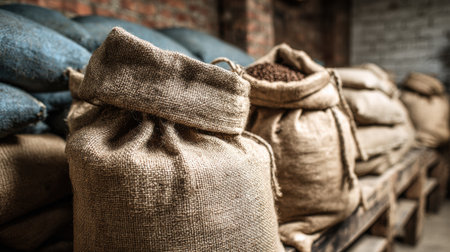 Grain and malt sacks are neatly arranged in a rustic brewery, highlighting the brewing process in a warm and inviting atmosphere.の素材