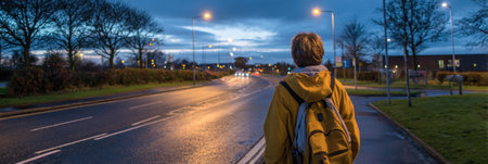 A student walks along a quiet road after completing an exam, surrounded by moody lighting and a sense of calm as the evening approaches.の素材