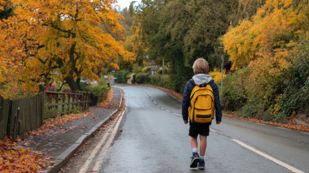 A student strolls down a clean road towards school, surrounded by trees displaying beautiful autumn foliage in a picturesque setting.の素材