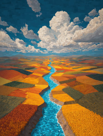 Majestic scenery showcases a flowing beer river that meanders through a lush hops valley, illuminated by a bright sky filled with clouds.の素材