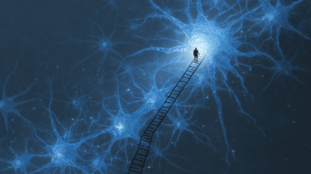 A person ascends a luminous ladder formed by glowing neurons, symbolizing the journey of self-discovery and exploration in a surreal, abstract setting.の素材