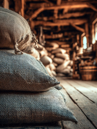 In a rustic brewery setting, sacks of grain and malt are prominently displayed, highlighting the craftsmanship and heritage of brewing.の素材