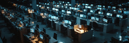 Numerous workstations equipped with glowing monitors fill a dark call center, where people engage in deceptive phone calls to unsuspecting victims.の素材