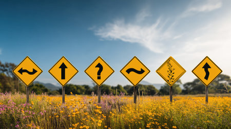 Road signs representing curiosity, growth, and change line a vibrant field, suggesting a journey of lifelong learning and exploration in nature.の素材