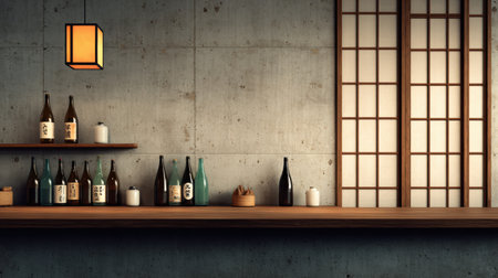 A minimalist Japanese bar displays an array of sake and beer bottles on wooden shelves, complemented by a warm light fixture and a tranquil ambiance.の素材