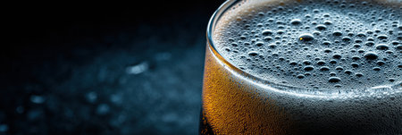 A transparent pint filled with a foamy beverage stands prominently in left-side space, its surface catching light in a dramatic contrast.の素材