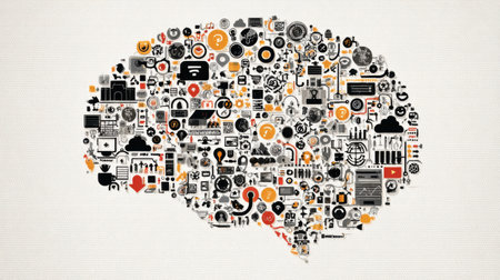 Intricate arrangement of intelligence icons forms a brain shape, showcasing concepts and tools related to knowledge and learning through a vibrant design.の素材