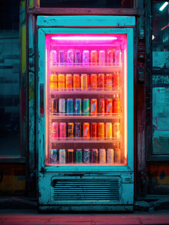 A neon-lit bar refrigerator filled with colorful cans stands prominently against a faded backdrop, showcasing an inviting display in the nightlife atmosphere.の素材