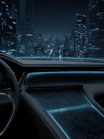 Inside a modern car, a sleek dashboard features a blank digital screen, offering a panoramic view of a bustling city illuminated at night.の素材