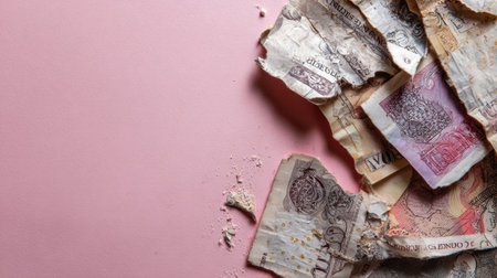 Torn banknotes scattered on a backdrop warning about phishing threats, highlighting issues related to financial security in a modern context.の素材