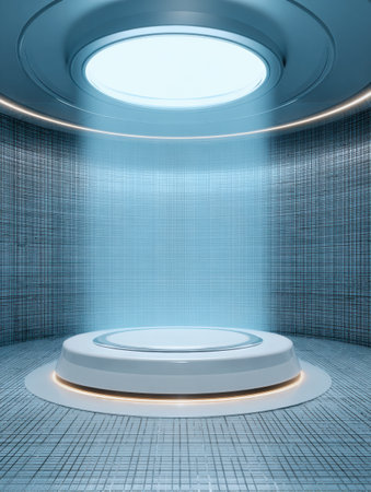 A futuristic holographic screen presents a rotating 3D product stand, illuminated in a contemporary setting, with space provided for a catchy slogan.の素材