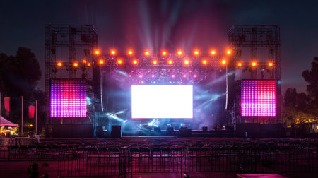 A glow-in-the-dark billboard illuminates the festival grounds where vibrant stage lights create a colorful ambience amidst an empty setting at night.の素材