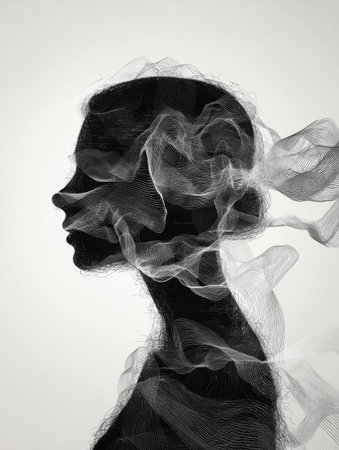 This artwork showcases a womans silhouette with flowing digital speech waves, highlighting themes of conversation and expression in a modern aesthetic.の素材