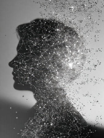 A shadow of a head casts against a wall adorned with constellations, while stars lazily drifted to the side, blending human form with celestial beauty.の素材