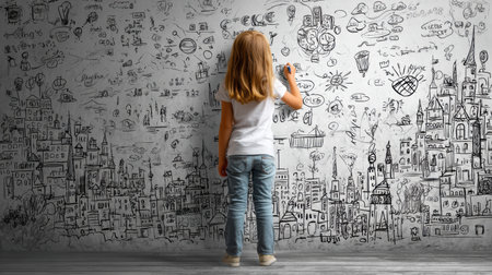 A girl stands in front of a wall, illustrating her dreams and aspirations with colorful sketches, leaving the right side blank for future ideas.の素材