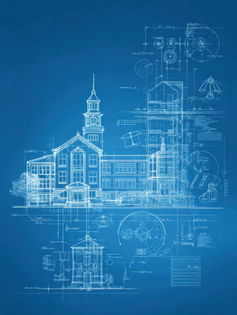 Detailed blueprint representation of an educational institutions evolution, featuring architectural elements and layout with blank area for text input.の素材