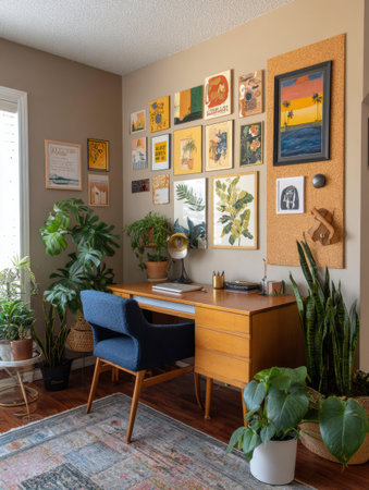 Cozy study area showcases a mid-century desk, vibrant art prints on a corkboard, and lush green plants, creating an inviting atmosphere for creativity.の素材