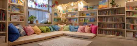A welcoming reading space filled with colorful cushions, multilingual books, and soft lighting, designed for sensory comfort, inviting everyone to explore and enjoy.の素材