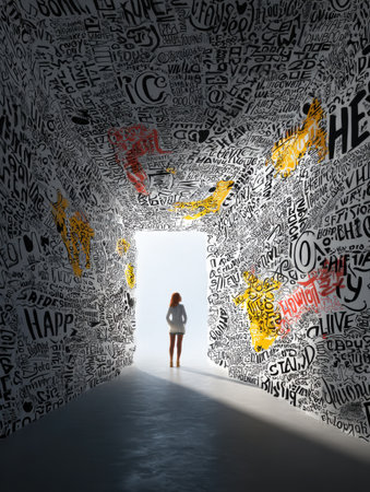 A vibrant tunnel filled with words and affirmations opens up to a hopeful figure, symbolizing a journey towards optimism and positivity in life.の素材
