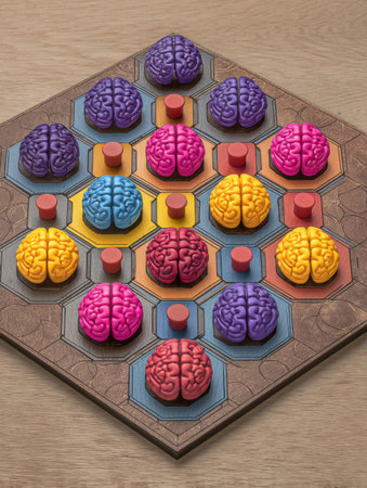 A hexagonal board displays vibrant brain-shaped pieces in various colors, capturing attention during a tabletop gaming activity in a cozy settingの素材