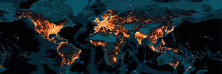 Map displays concentration of online fraud activity around the world, illustrating areas with high incidence based on recent pattern analysis.の素材