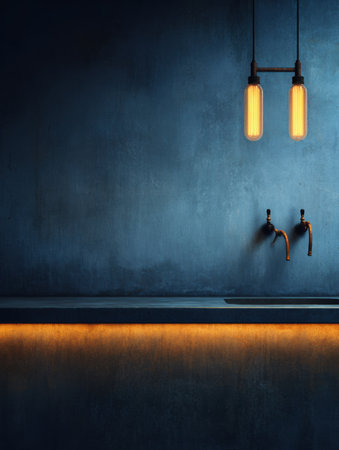 A retro-style bar counter features glowing beer taps under warm light, creating a welcoming atmosphere perfect for social gatherings and events.の素材