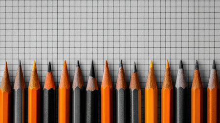 Colorful pencils are organized in a straight line on graph paper, ready for drawing and creative projects, emphasizing organization and artistic preparation.の素材