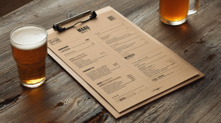 A well-organized craft beer menu features one highlighted item with two glasses of beer placed on a rustic wooden table, creating an inviting atmosphere.の素材
