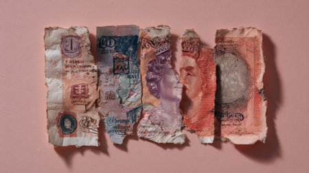 Torn banknotes displayed against a phishing warning backdrop emphasize the risks associated with financial scams and the importance of caution.の素材