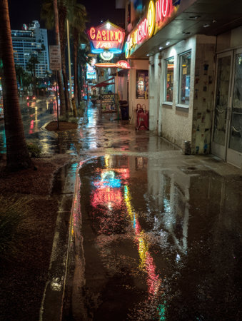 Bright neon lights reflect in puddles on a wet street, showcasing the lively atmosphere of the entertainment district on a rainy night.の素材
