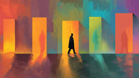 A figure walks past glowing doorways representing different life stages, each radiating rich colors, evoking the journey of growth and change through time.の素材