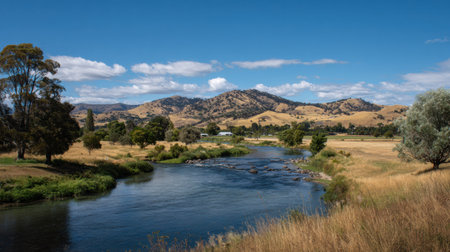A tranquil river winds through golden grasslands and trees, with rolling hills in the background under a vibrant blue sky.の素材