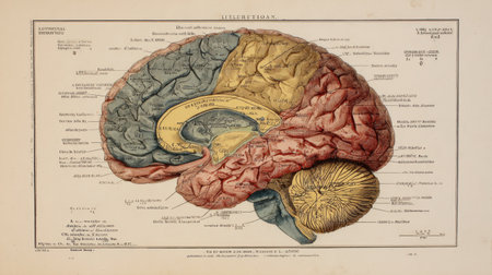 Detailed illustration of a vintage anatomical brain study featuring labeled areas, providing insights into its structure and function for educational purposes.の素材