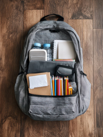 Student sorts educational supplies inside a backpack placed on a wooden floor, creating space for future tasks and must-have items for class.の素材