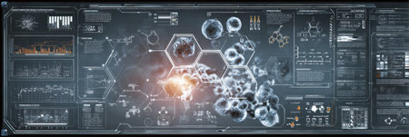 A touchscreen science board displays glowing infographics and detailed molecular images, enhancing learning and research.の素材