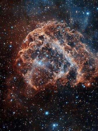 A striking nebula takes on the shape of a brain, illuminated by countless stars, creating a vivid display of cosmic wonder against a fading starfield.の素材