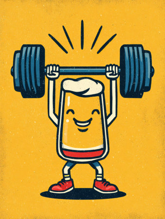 A cheerful beer character lifts a heavy barbell with enthusiasm. This comic-style illustration captures a fun and energetic atmosphere perfect for celebration.の素材