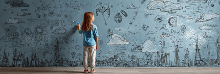 A girl is drawing her dreams and goals on a wall, illustrating her aspirations and leaving the right side empty for future ideas and inspirations.の素材