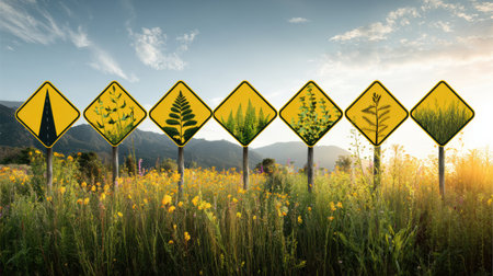 Colorful road signs line a vibrant field, symbolizing milestones in a lifelong learning journey through nature, set against a scenic backdrop.の素材