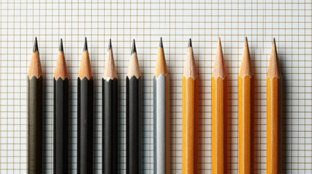 Clean lined notes are visible on graph paper, with pencils arranged neatly alongside for an organized and productive study or creative session.の素材
