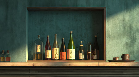 A tranquil bar showcases bottled sake and beer on a wooden shelf, with a simple design and a large open wall.の素材