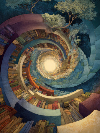 A spiral library in a dreamlike setting beckons with shelves filled with colorful books, creating a journey through knowledge illuminated by a central lightの素材