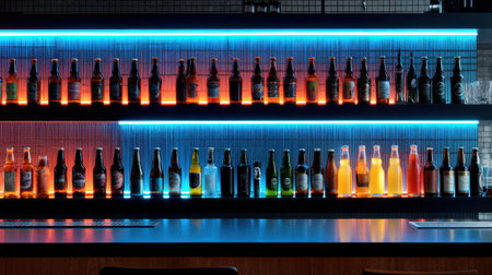 A sleek bar shelf displays a vibrant array of neon-lit beer bottles, highlighting a modern design. The clean bottom space adds to the trendy atmosphere.の素材