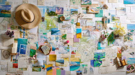 Creative workspace showcases a vision board collage filled with cut-out goals, colorful maps, health and wellness notes, embodying a mindful life.の素材