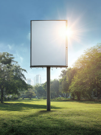 Billboard without any advertisements is placed in a lush green park during sunny weather, featuring lens flare and a serene outdoors environmentの素材