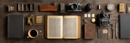 Vintage and digital tools surround an open notebook on a wooden surface, showing diverse artistic inspirations and ideas.の素材