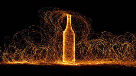 Vivid light painting highlights a silhouetted bottle amid swirling gold sparkles, creating a captivating scene against a dark background.の素材